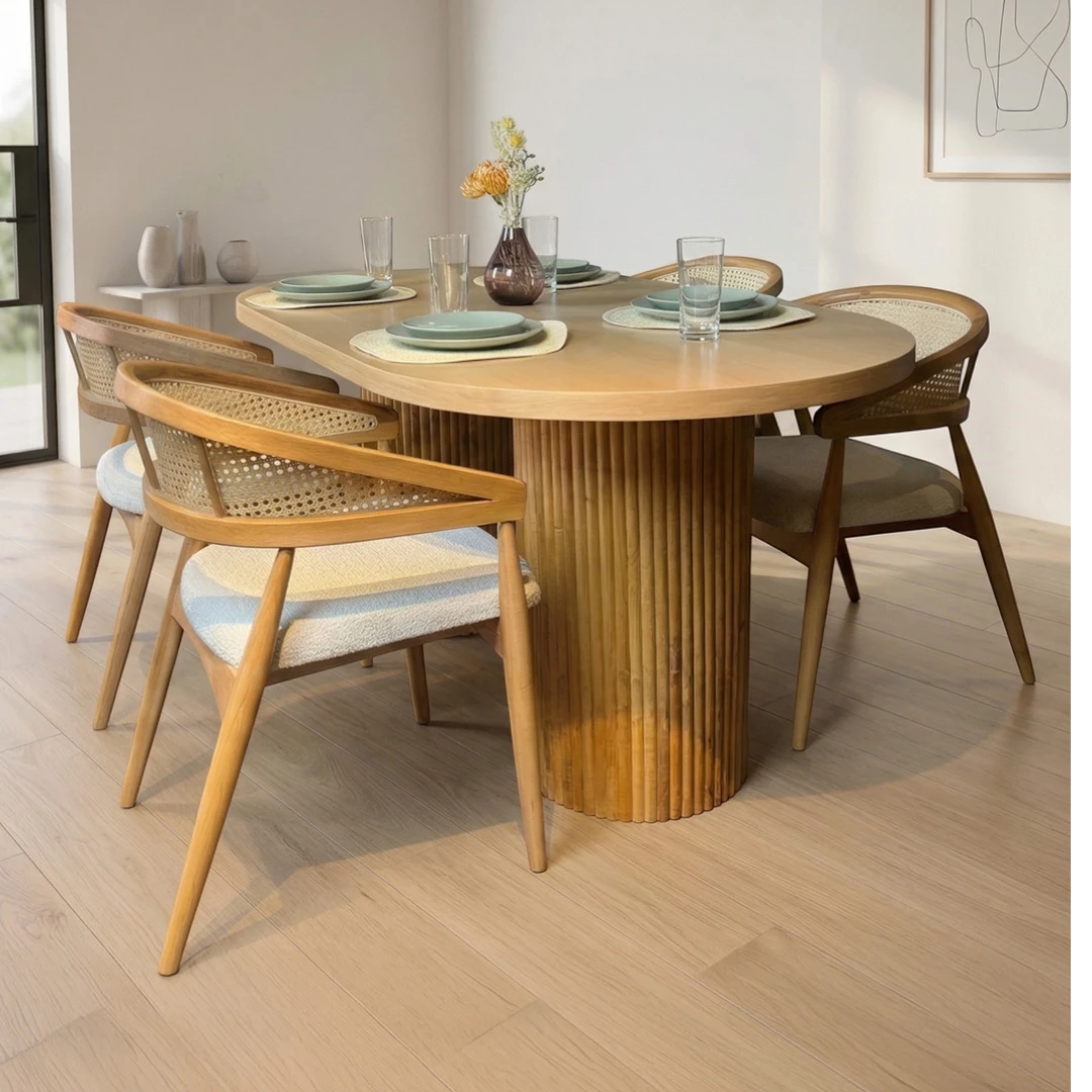 Line Masa & Gazel Sandalye Takımı | Hasır Detaylı 4 Kişilik Modern Yemek Seti